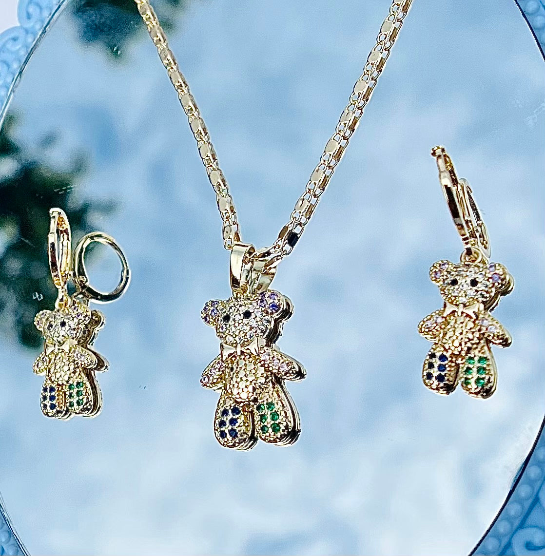 Bear Necklace and earring set Colorful and 18K Gold Filled Cubic Zircon