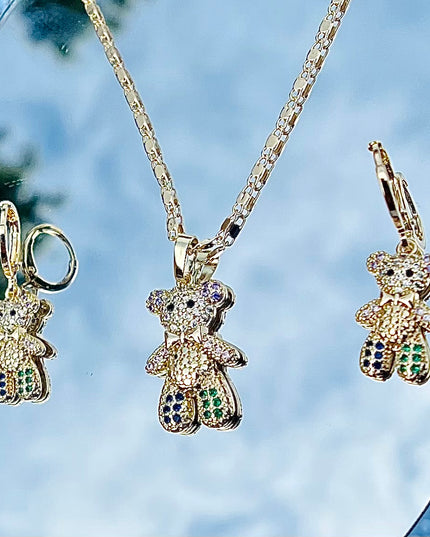 Bear Necklace and earring set Colorful and 18K Gold Filled Cubic Zircon