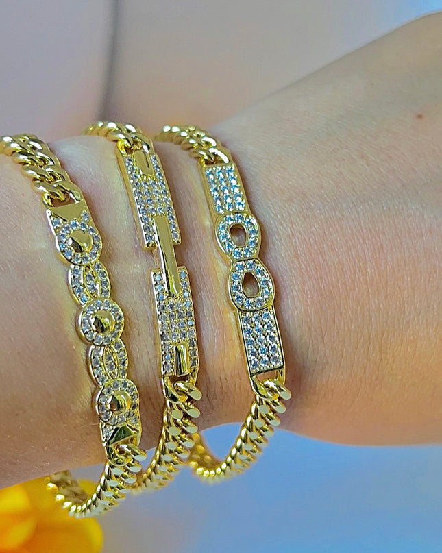 Pulsera chunky 18k Gold Filled 10 circonitas cúbicas Color Oro 5mm ancho 