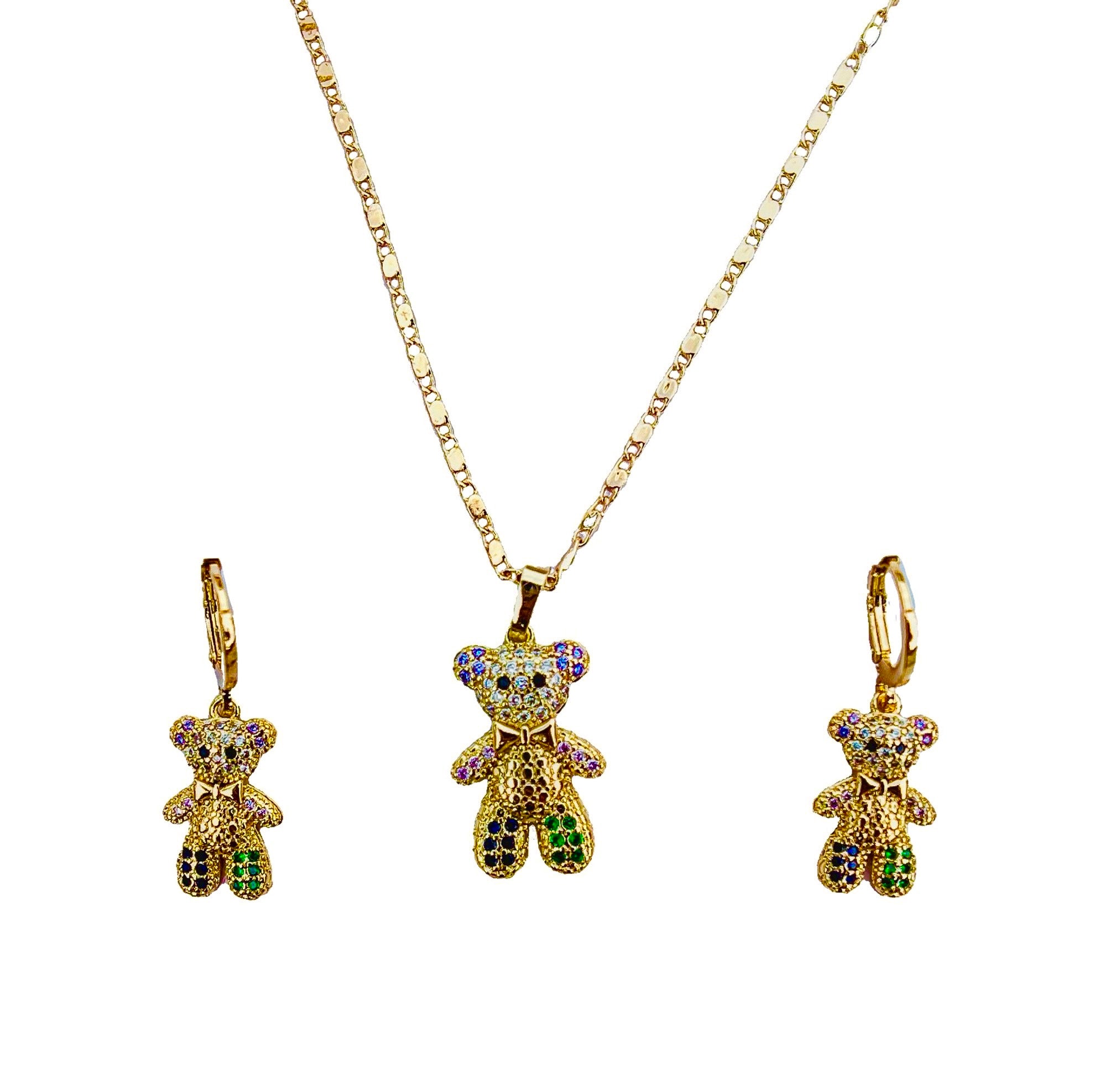 Bear Necklace and earring set Colorful and 18K Gold Filled Cubic Zircon