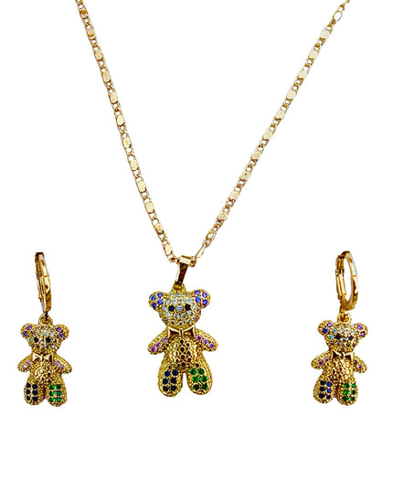 Bear Necklace and earring set Colorful and 18K Gold Filled Cubic Zircon
