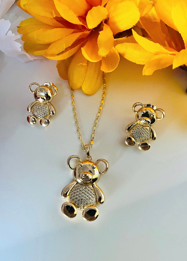 Juego de collar y aretes de oso de oro de 18 k con circonitas cúbicas/juego de joyas. 