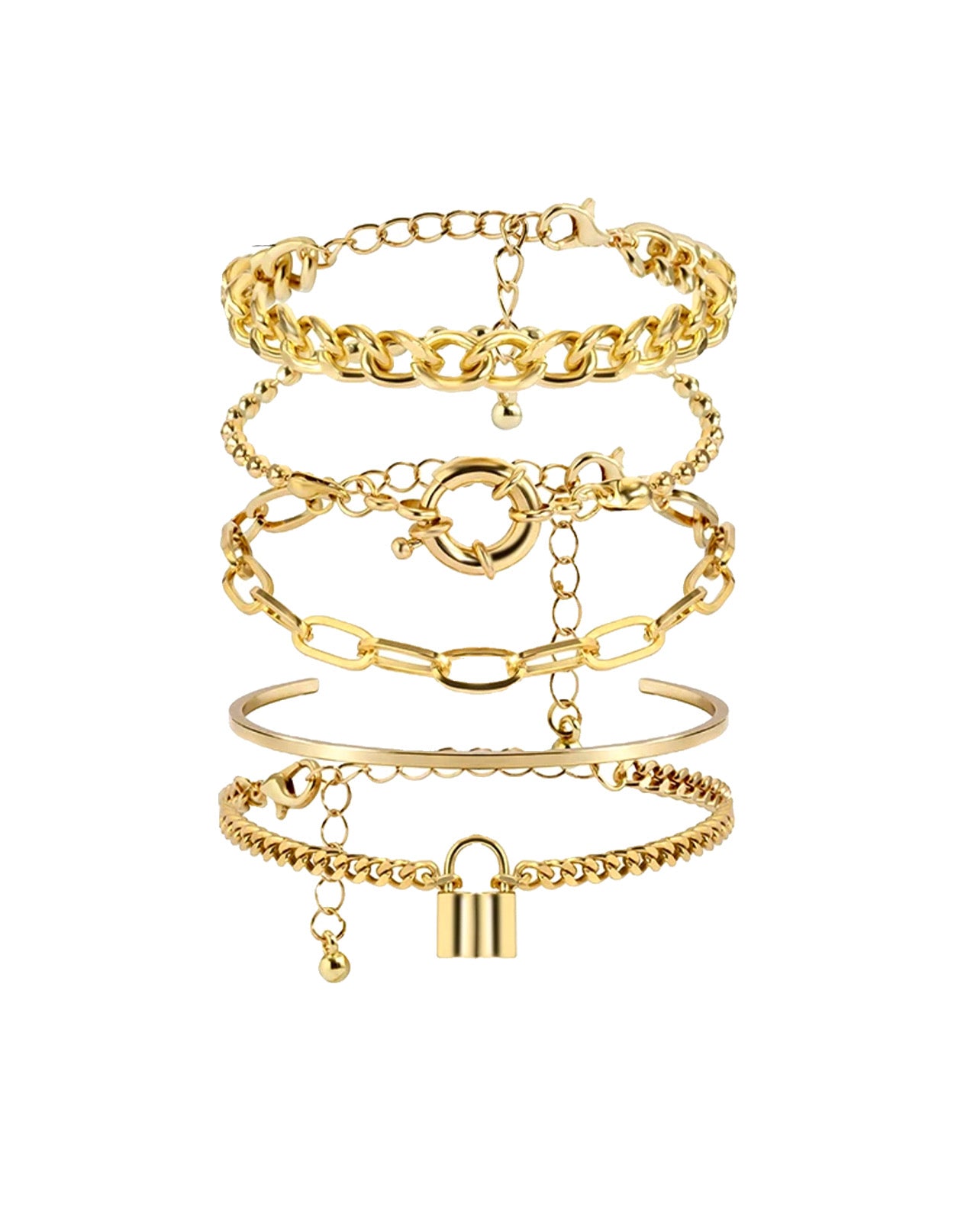 Gold Bracelet Set for Women 14k Gold Plated Metal Links Adjustable | Set 5 pieces