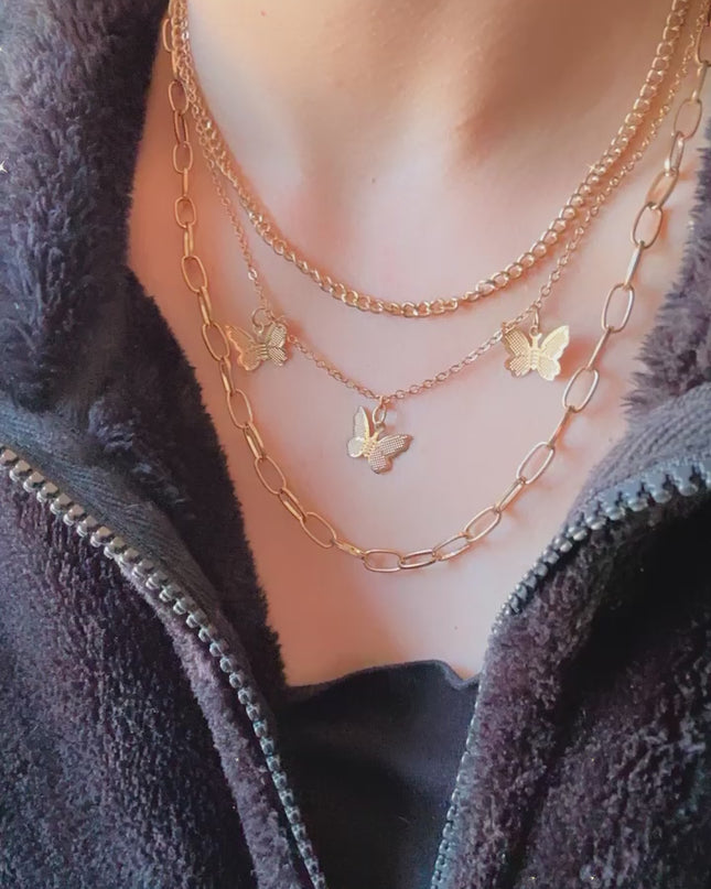 Cadena Triple Mariposa Chapada En Oro 18k 