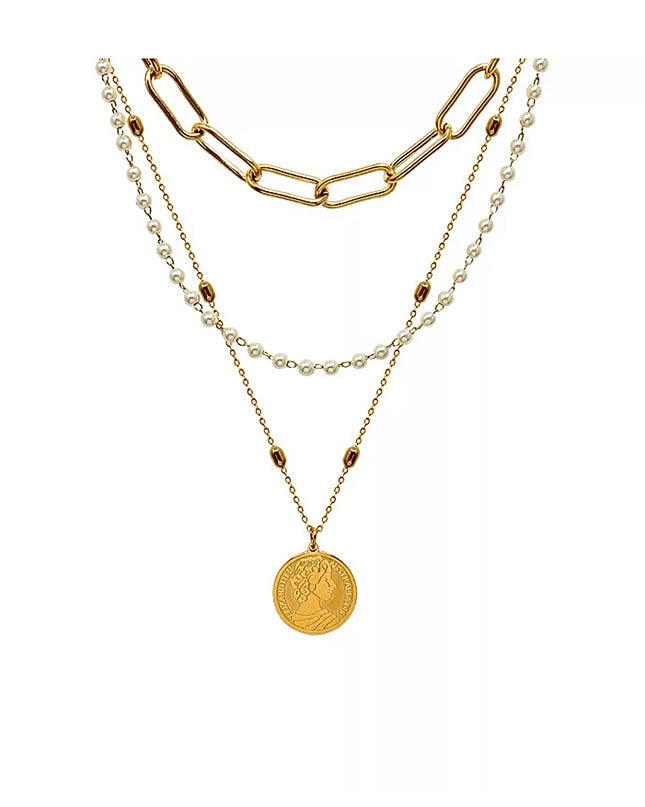 Collar vintage Perla Titanio Acero 18k Gold Filled / Cadena triple - no empañar 