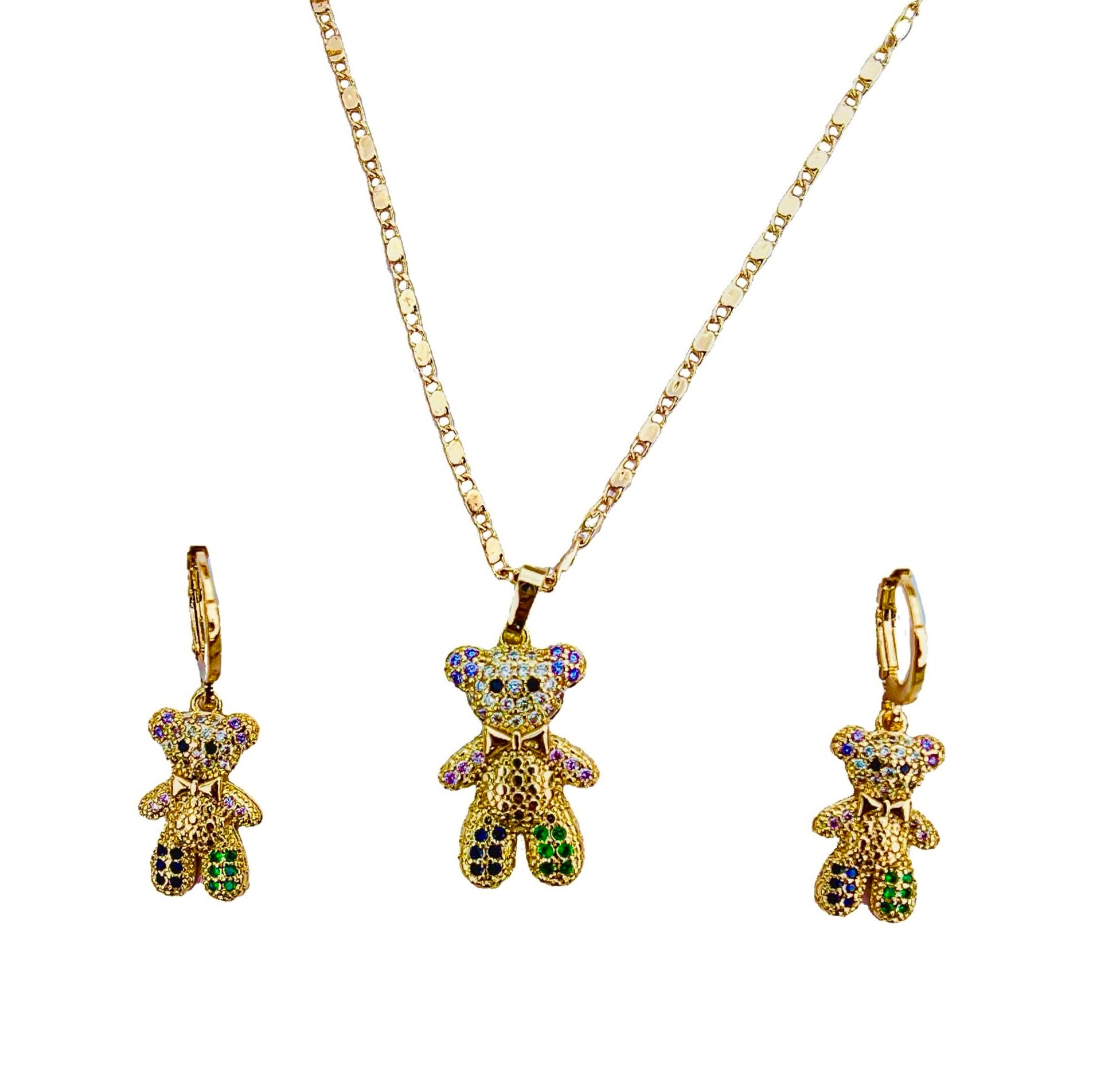 Bear Necklace and earring set Colorful and 18K Gold Filled Cubic Zircon