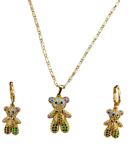 Bear Necklace and earring set Colorful and 18K Gold Filled Cubic Zircon