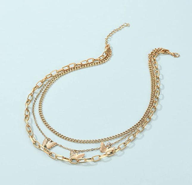 Cadena Triple Mariposa Chapada En Oro 18k 