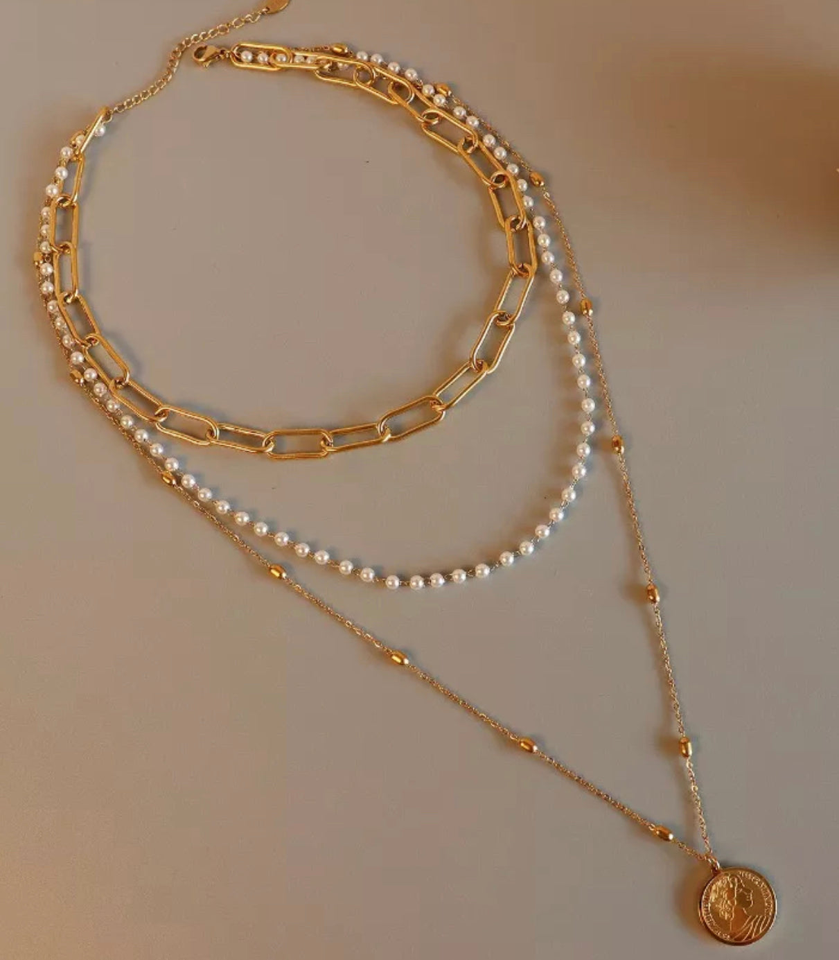 Vintage Necklace Pearl Titanium Steel 18k Gold Filled/ Triple Chain- non tarnish