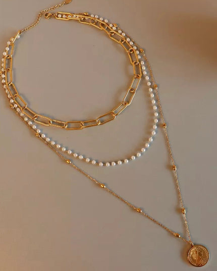 Vintage Necklace Pearl Titanium Steel 18k Gold Filled/ Triple Chain- non tarnish