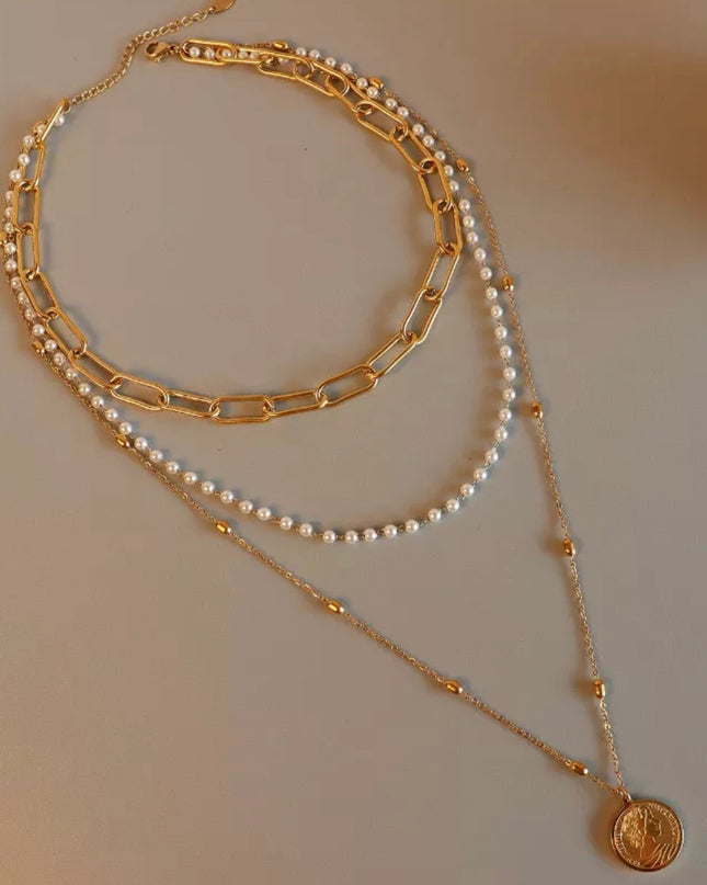 Collar vintage Perla Titanio Acero 18k Gold Filled / Cadena triple - no empañar 