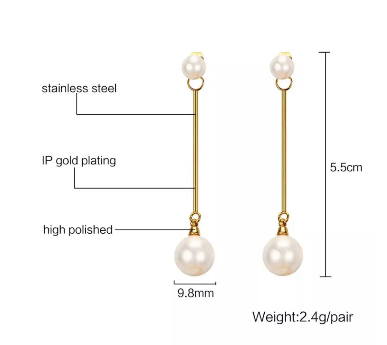 Earrings Pearl 18k Gold Filled Pearl/ Stainless Steel/ Large Doble Pearl/ Stud/ Gold Plating