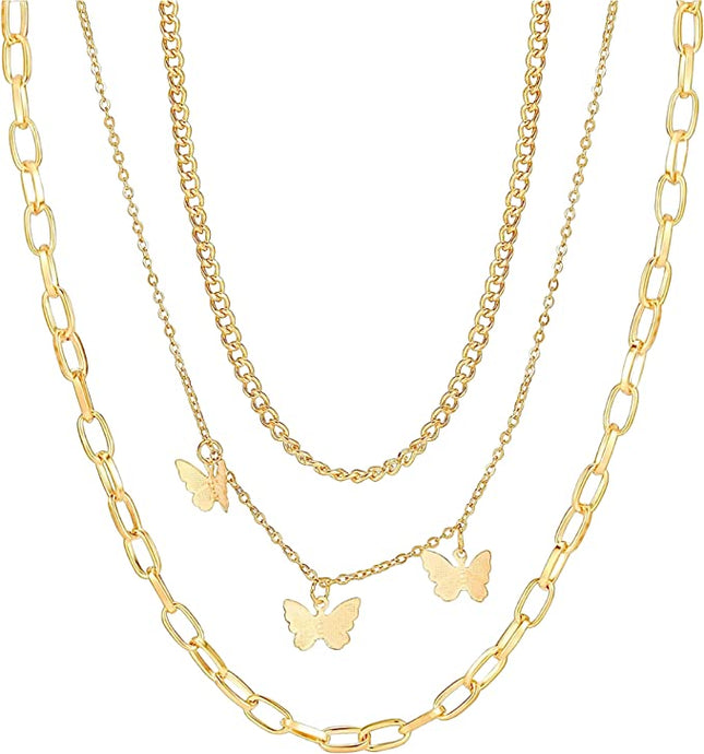 Cadena Triple Mariposa Chapada En Oro 18k 