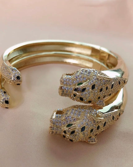 Brazalete Pantera, Brazalete Phanter |Doble pantera oro con zirconia cúbica 